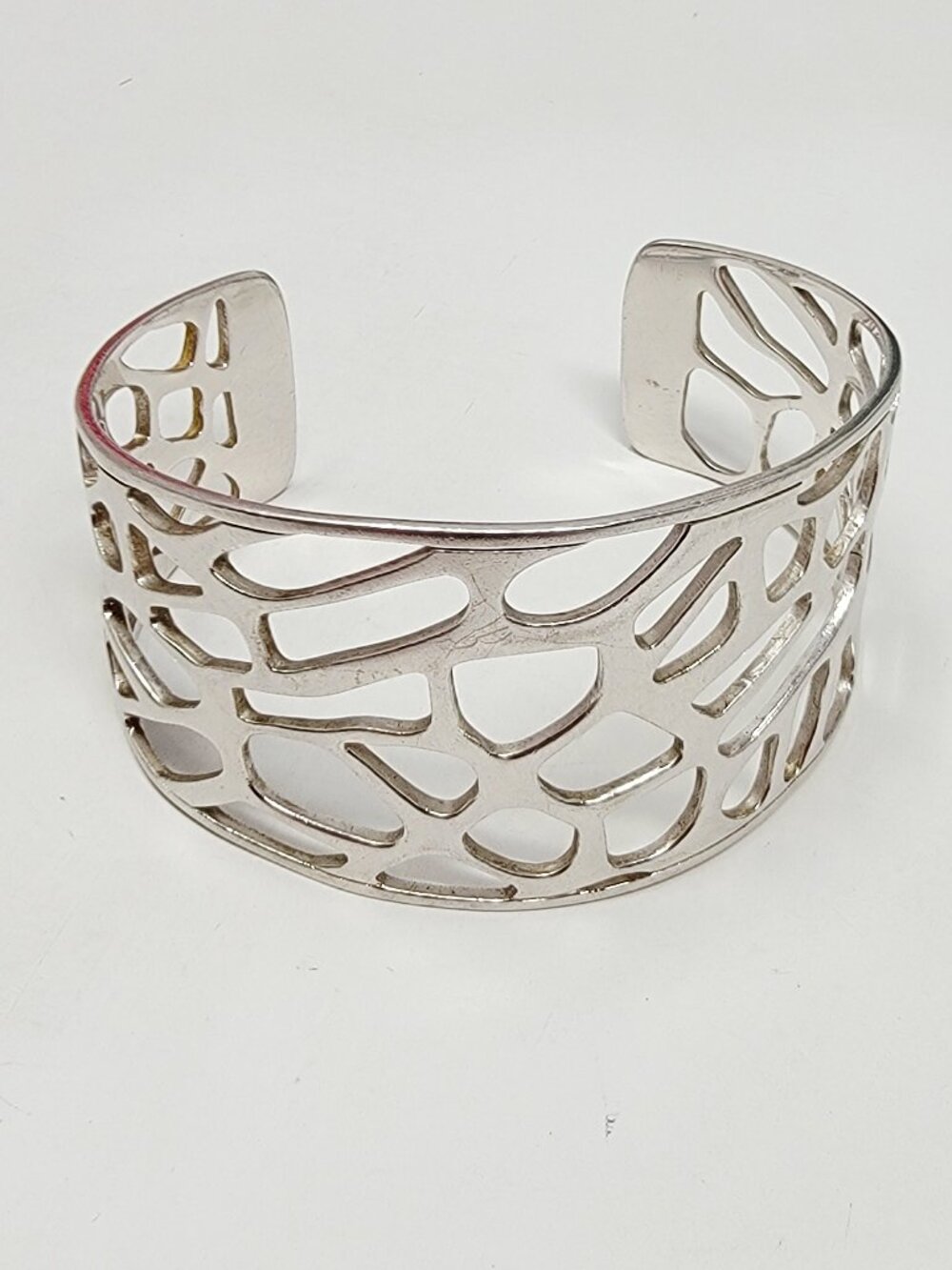 Sterling Silver 925 Wide Cutout Cuff Bracelet Modernist Openwork Statement Brace